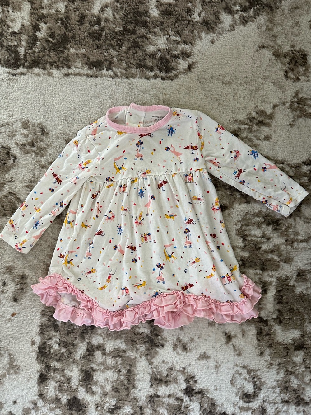 Magnetic Me White Baby dress with Pink Trim and Colorful Animal Print